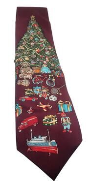 Fun Holiday Silk Neck Tie Red 58” Christmas Tree Presents Toys CB
